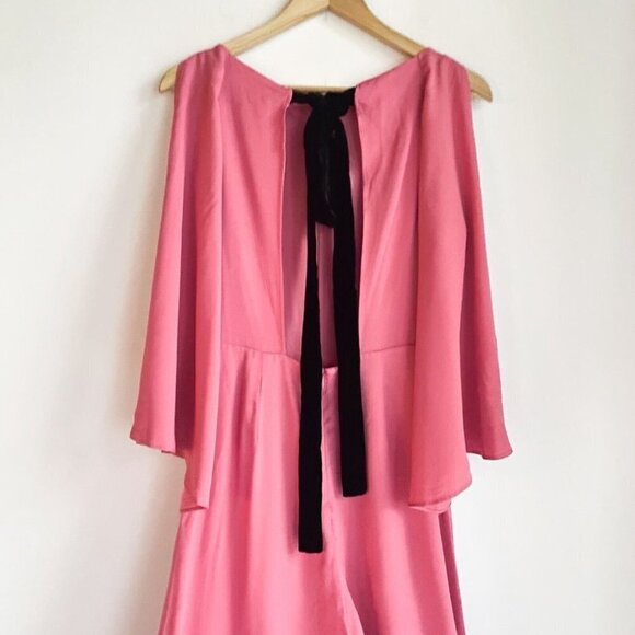 NWT Massimo Dutti Pink Wide  Leg Butterfly Sleeve Flowy Jumpsuit w Black Bow 2 - Picture 4 of 9
